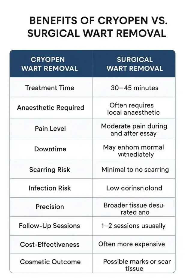 Table showing the benefits of cryopen to remove warts St Ives compared to surgical treatment